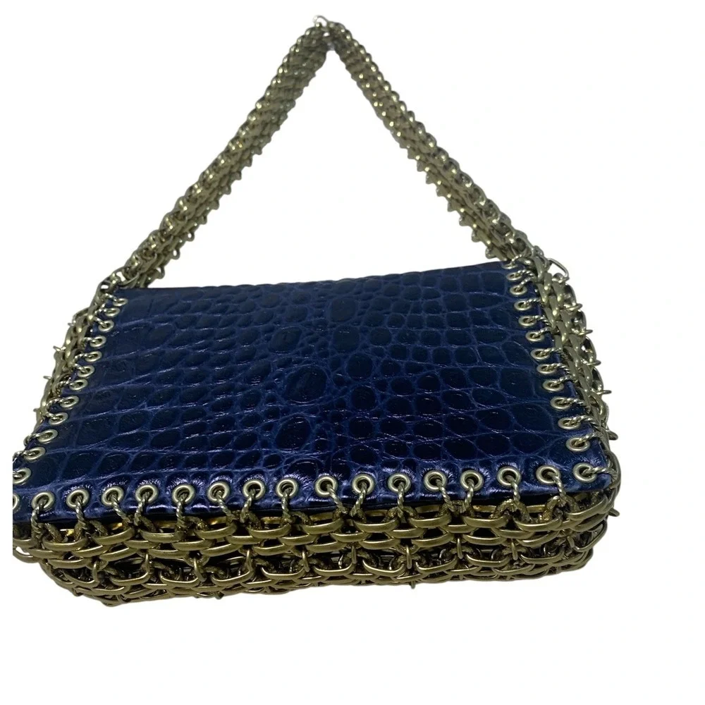 Tory Burch Shoulder Bag Womens Small Navy Croc Embossed Chainmail Gusset Runway
